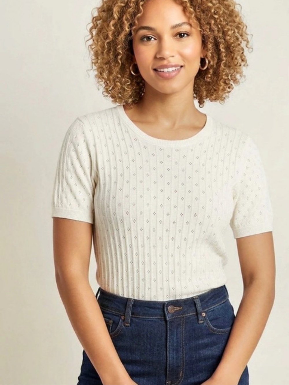 ModCloth Cotton Eyelet Knit Top in Cream Large